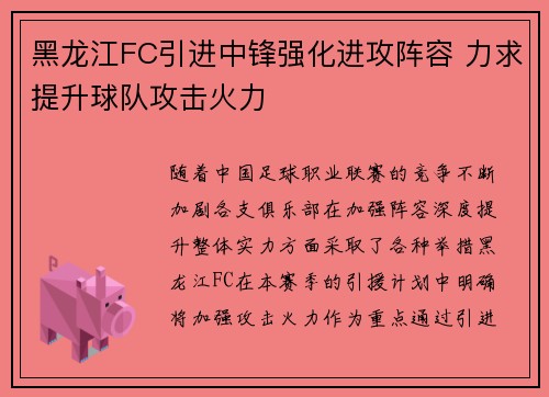 黑龙江FC引进中锋强化进攻阵容 力求提升球队攻击火力
